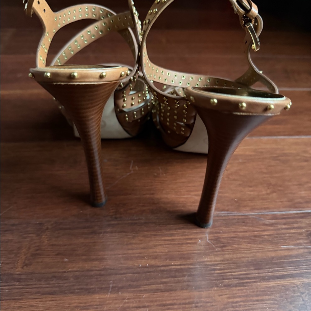 Michael Kors Studded Tan Strappy High Heel Sandals - Picture 6 of 7